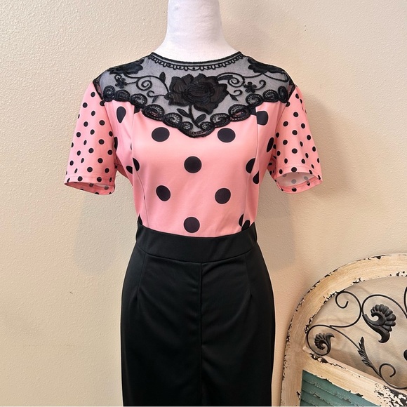 50s Retro Office Siren Pink Polka Dot with Black Mermaid bottom 8/10 - Picture 2 of 12